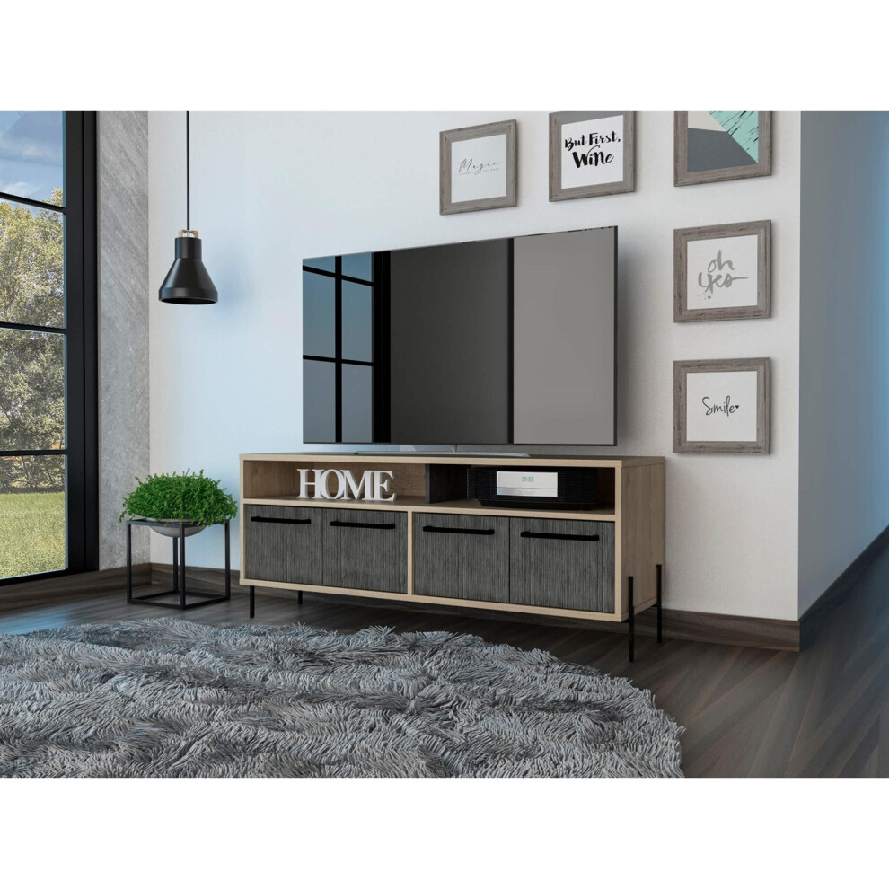 Wide Screen TV Unit Stand Rack with 4 Grey Oak Effect Doors Black Metal Handles