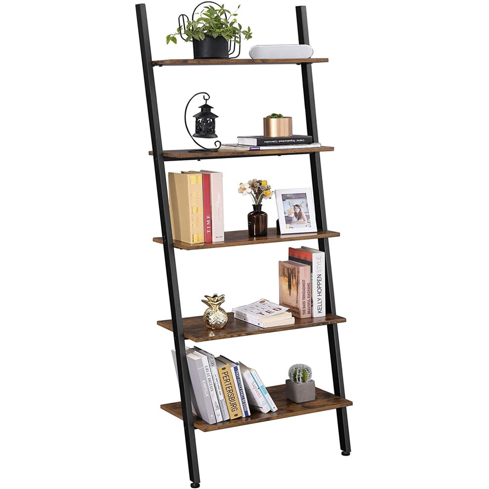 Rustic Brown 5-Tier Ladder Shelf Bookshelf Rack Wall Shelf Living Room