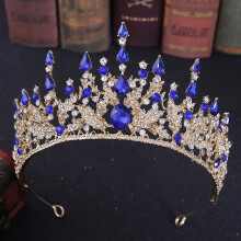 (Blue) Baroque Queen Crowns Rhinestone Crystal Tiara Bridal Crown Wedding Tiaras Hair Accessory Prom Party Dress Decoration