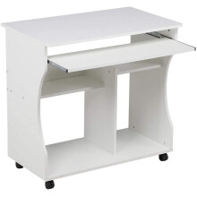 Wood Small Computer Desk PC Laptop Workstation with Sliding Keyboard Tray and Storage Shelves on Wheels White