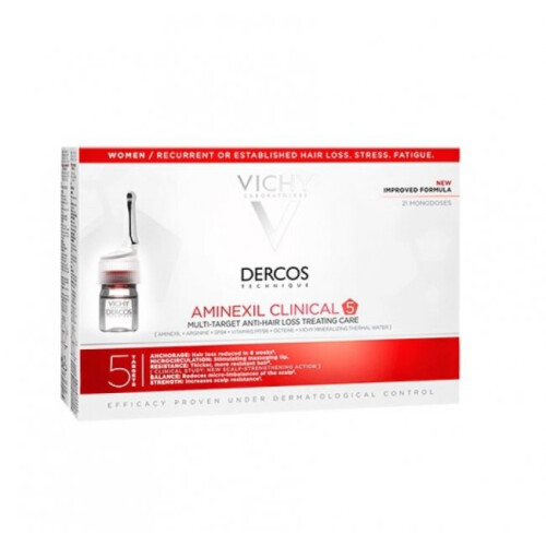 Vichy Dercos Aminexil Clinical 5, anti-hair loss treatment for women, 6 ml x 21 ampoules