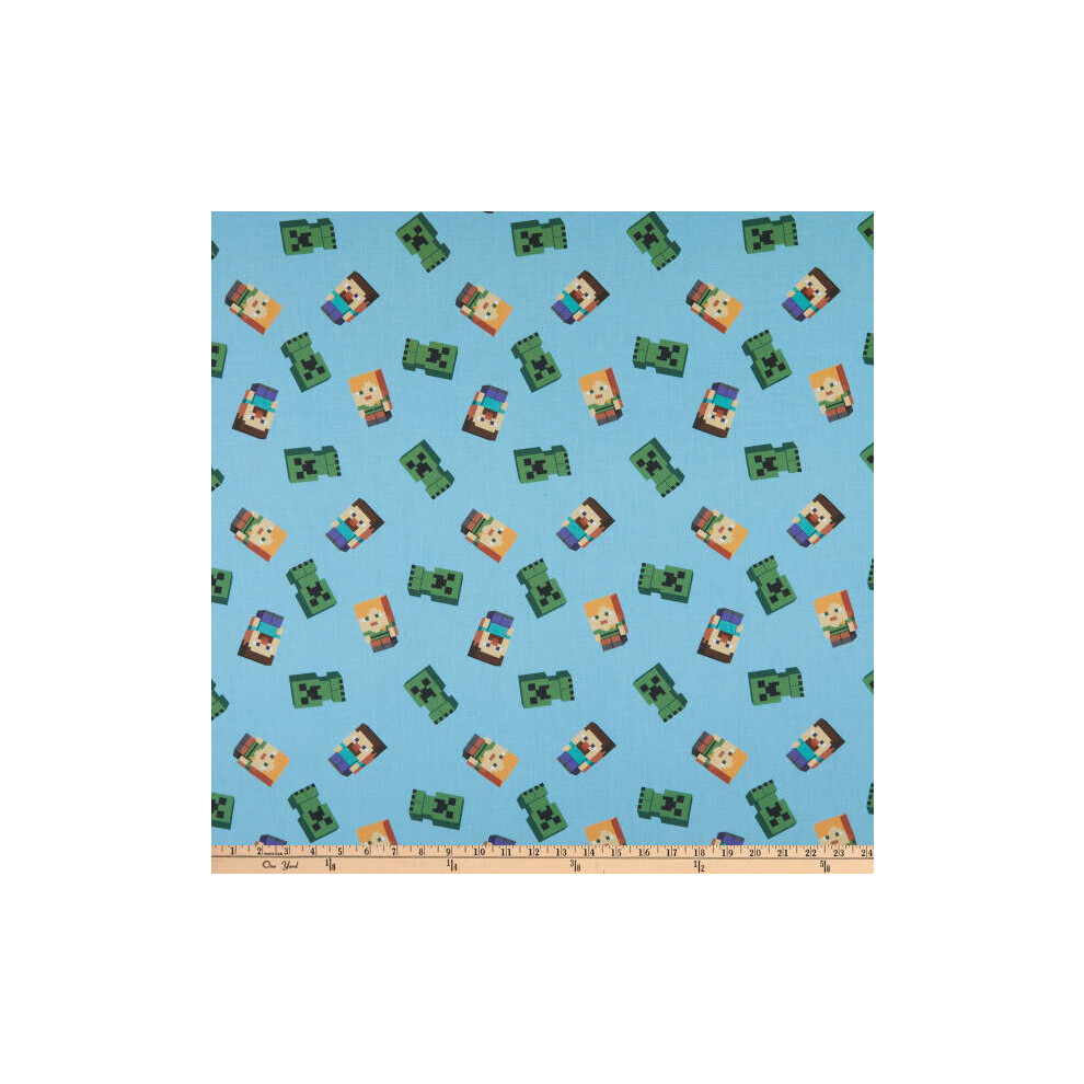 Fat Quarter Minecraft Friends Steve, Alex, And Creeper On Blue 100% Cotton Quilting Fabric