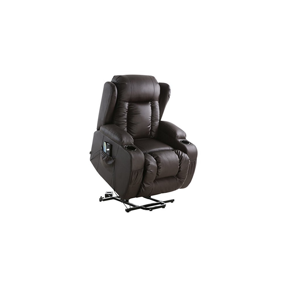 (Brown) Caesar Electric Rise Recliner Winged Leather Armchair Massage Heated Lounge Chair