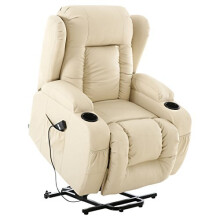 (Cream) Caesar Electric Rise Recliner Winged Leather Armchair Massage Heated Lounge Chair