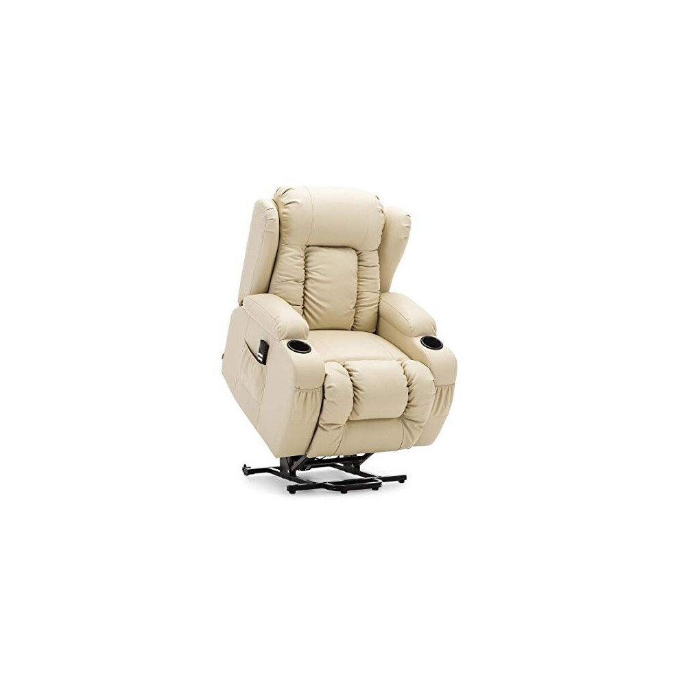 (Cream) Caesar Electric Dual Rise Recliner Winged Leather Armchair Massage Heated Lounge Chair