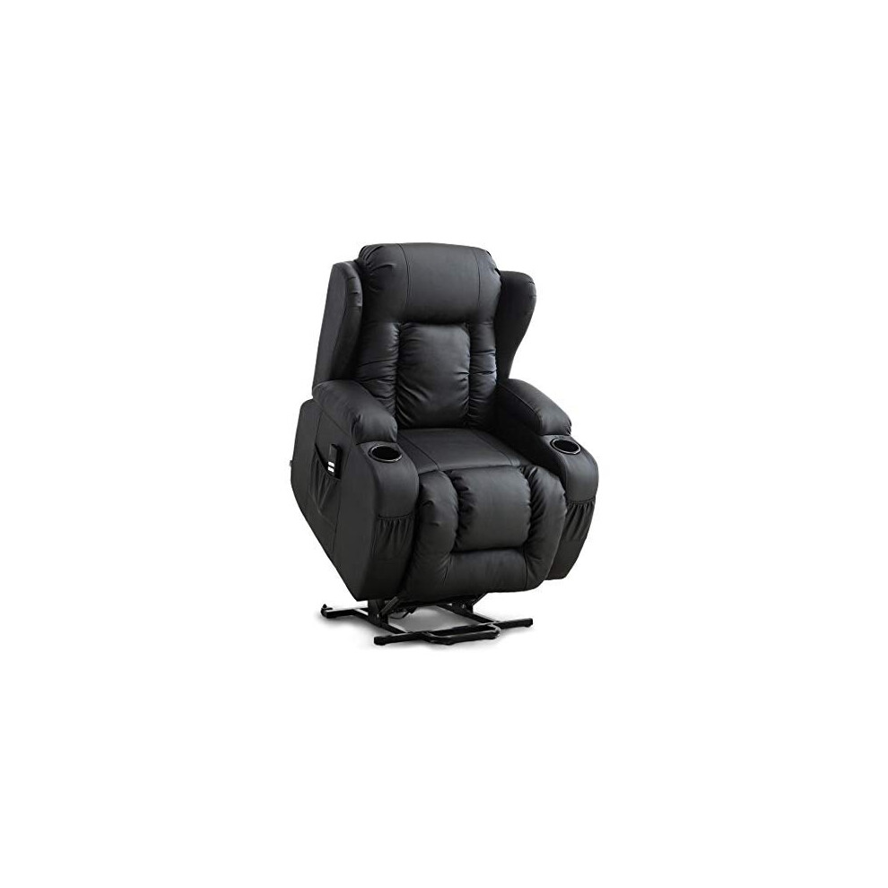 (Black) Caesar Electric Dual Rise Recliner Winged Leather Armchair Massage Heated Lounge Chair