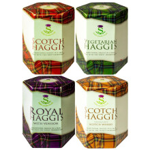 Scottish Haggis Pack of 4: Traditional Scottish, with Venison, Scotch Whisky Flavour and Vegetarian Haggis in a Tin Scotland's National Dish