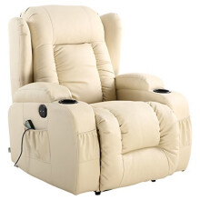 (Cream) Caesar Electric Leather Auto Recliner Massage Heated Gaming Wing Chair