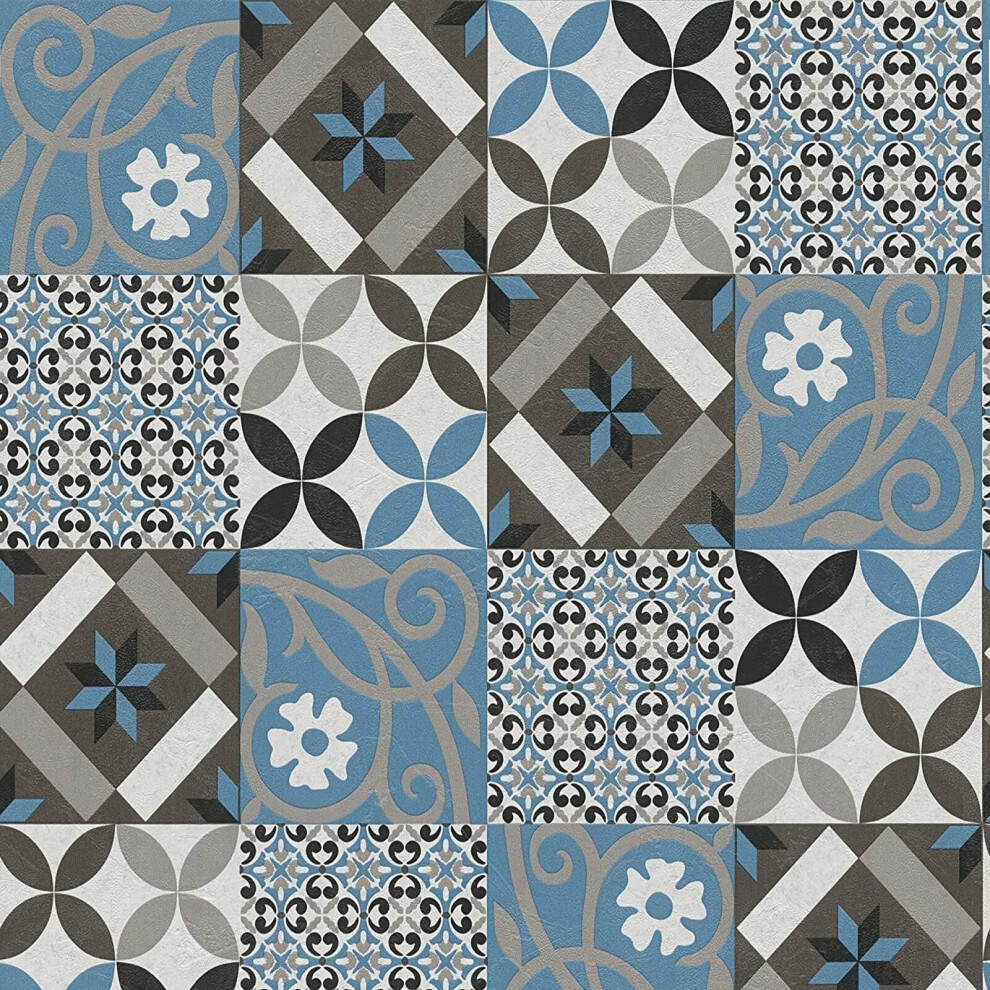 AS Creation Moroccan Tile Effect Wallpaper Teal Blue Black Grey Mosaic Textured