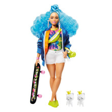 Barbie Extra Puppe #4, Curvy, mit Bomberjacke, 2 Kätzchen, extra-lockigem blauen Haar, Outfit & Zubehör