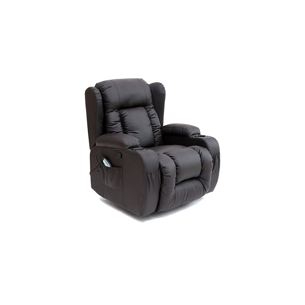 (Cream) Caesar Winged Leather Recliner Chair Rocking Massage Swivel Heated Gaming