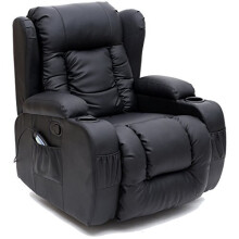 (Black) Caesar Winged Leather Recliner Chair Rocking Massage Swivel Heated Gaming