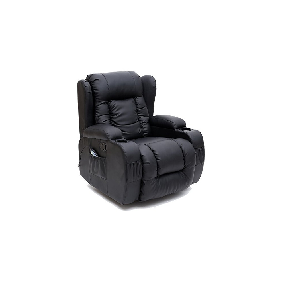 (Black) Caesar Winged Leather Recliner Chair Rocking Massage Swivel Heated Gaming
