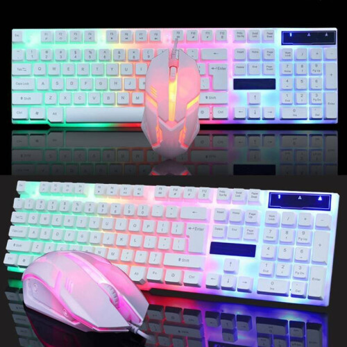 (White) Ergonomic Gaming Keyboard And Mouse Set Rainbow LED USB For PC Laptop PS4 Xbox