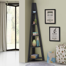 Riva 5-Tier Corner Ladder Bookcase - Black Wood Effect Finish, Space-Saving Display Organiser (TAD172)