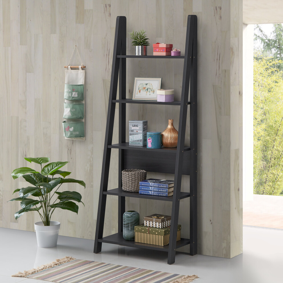 Riva Retro 5 Tier Ladder Bookcase Shelving Shelf Display Unit Black