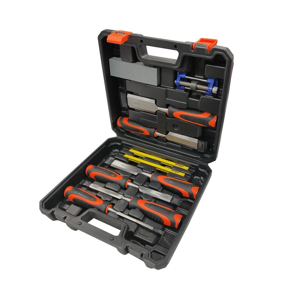 Rolson 10Pc Wood Chisel Set & Sharpening Stone Honing Guide Pencils Carpentry