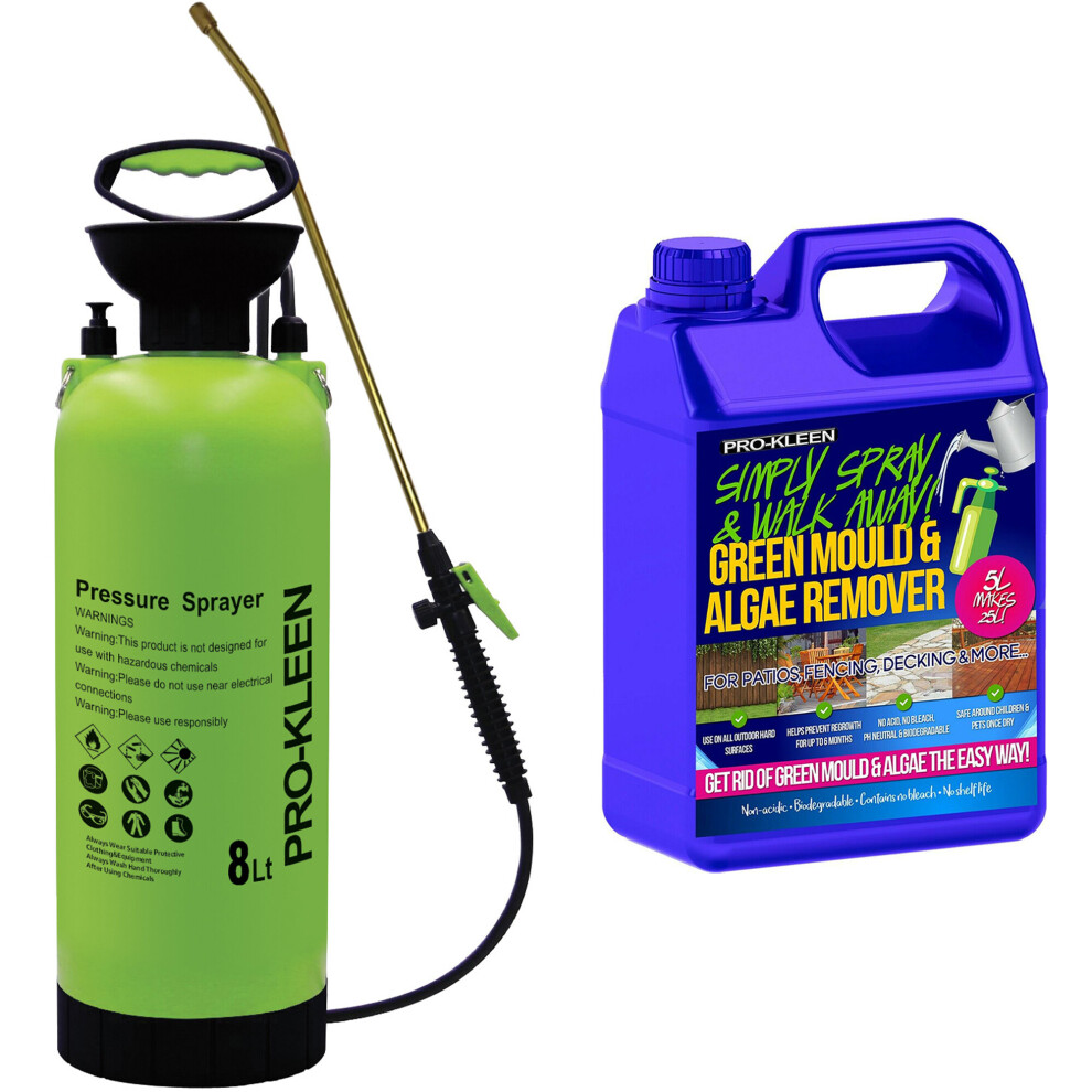 (8L, ProKleen Simply Spray & Walk Away Patio Cleaner 1 x 5L) Garden Sprayer Pump Action Patio Cleaner Kits