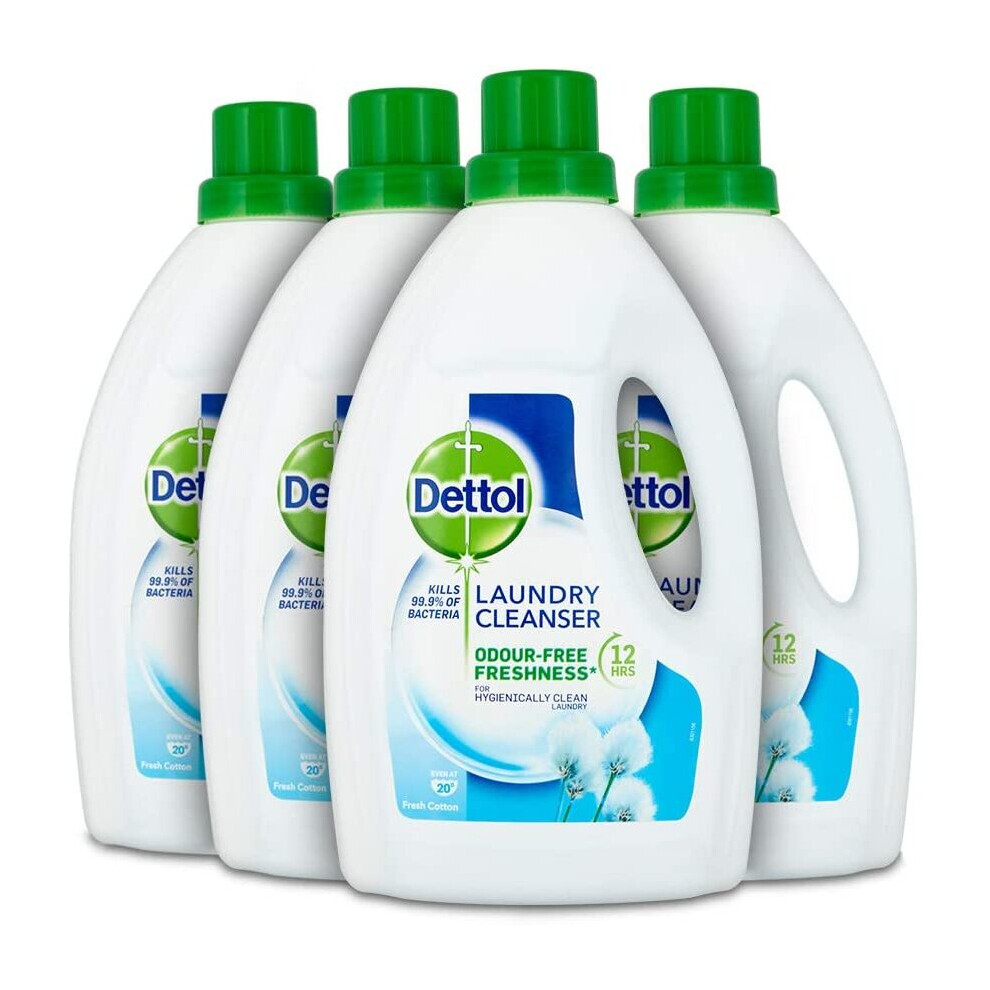 Dettol Antibacterial Laundry Cleanser Liquid Additive, Fresh Cotton, Multipack of 4 x 1.5 Litre