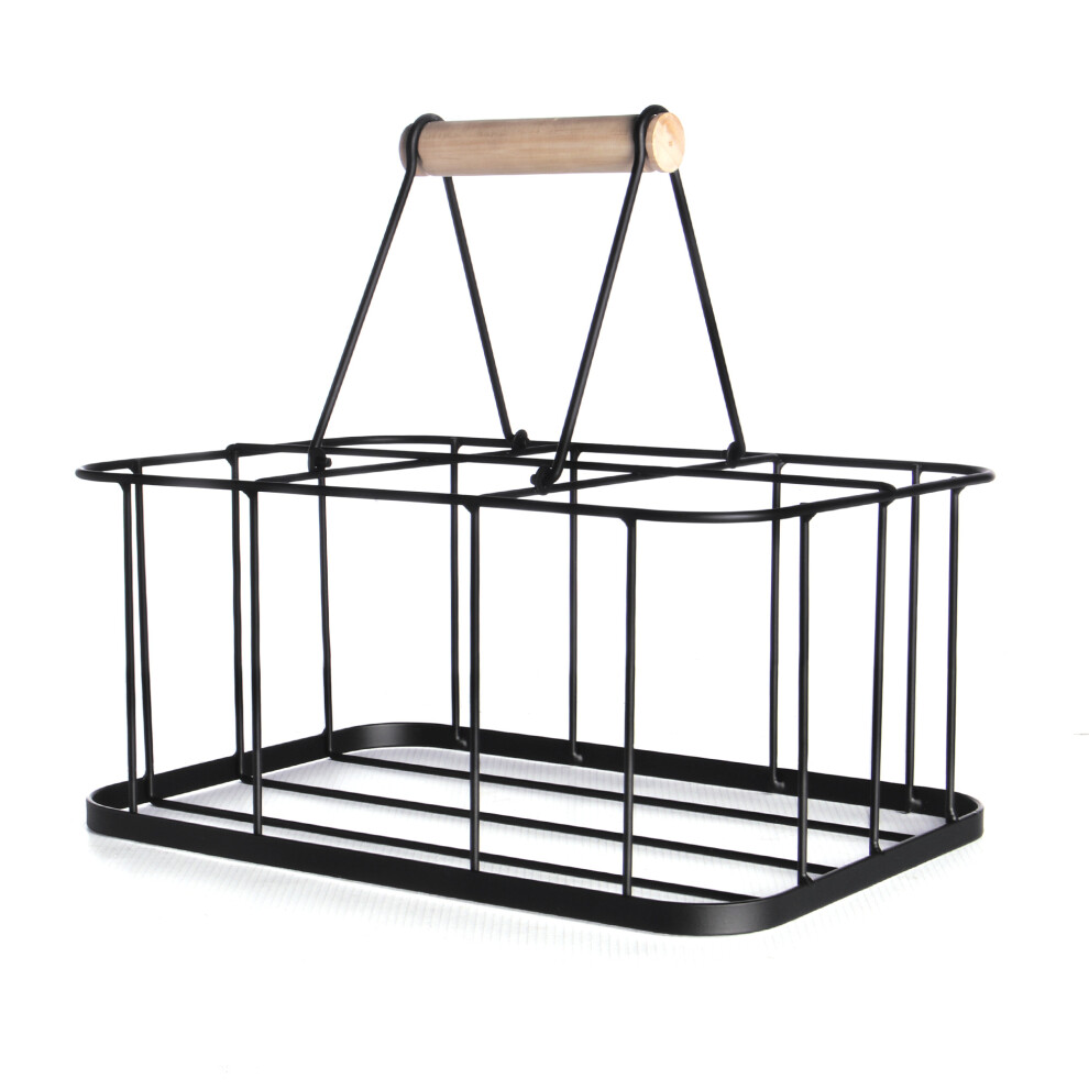 Maison & 6 Milk Bottle Crate/Holder Doorstep Milk Caddy Retro With Wooden Handle M&W White
