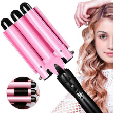 3-Barrel Ceramic Hair Curler & Waver Iron - Fast-Heating Beachy Curls, Crimp Option, Dual-Voltage Pink