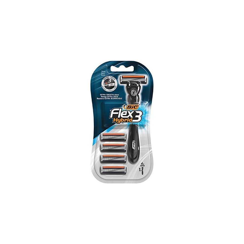 Bic Flex 3 Hybrid Men's Triple-Blade Razors, Pack with 1 Handle + 4 Refills - with 3 Moveable Blades and Pivoting Head for an Extra Smooth and Preci