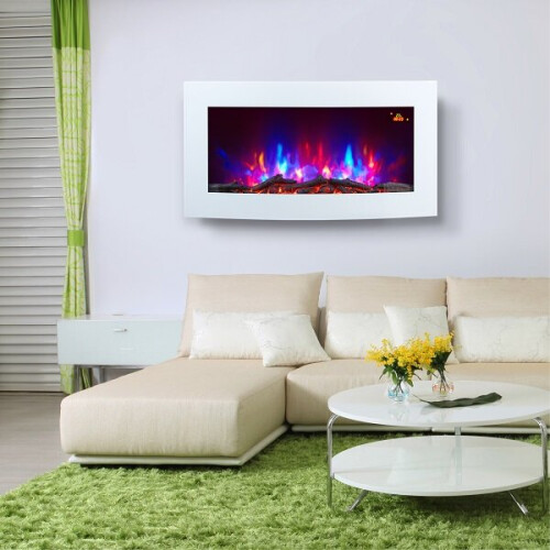 TruFlame 7 colour Side LEDs Wall Mounted Arched White Glass Electric Fire with Log Effect