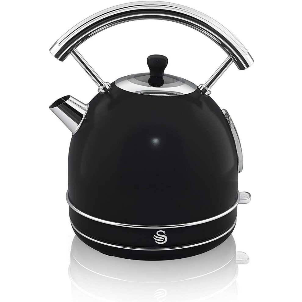 (Black) Swan Retro 1.8 Litre Dome Kettle, Black, Fast Boil, 3KW, 360-Degree Rotational Base, Stainless Steel, SK14630BN