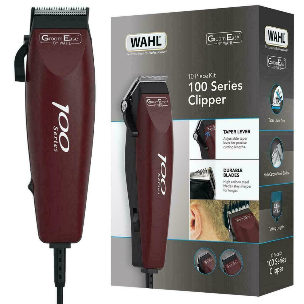 Wahl 100 Groomease Hair Clipper Shaver Trimmer Kit Corded 9-Piece Set - Maroon