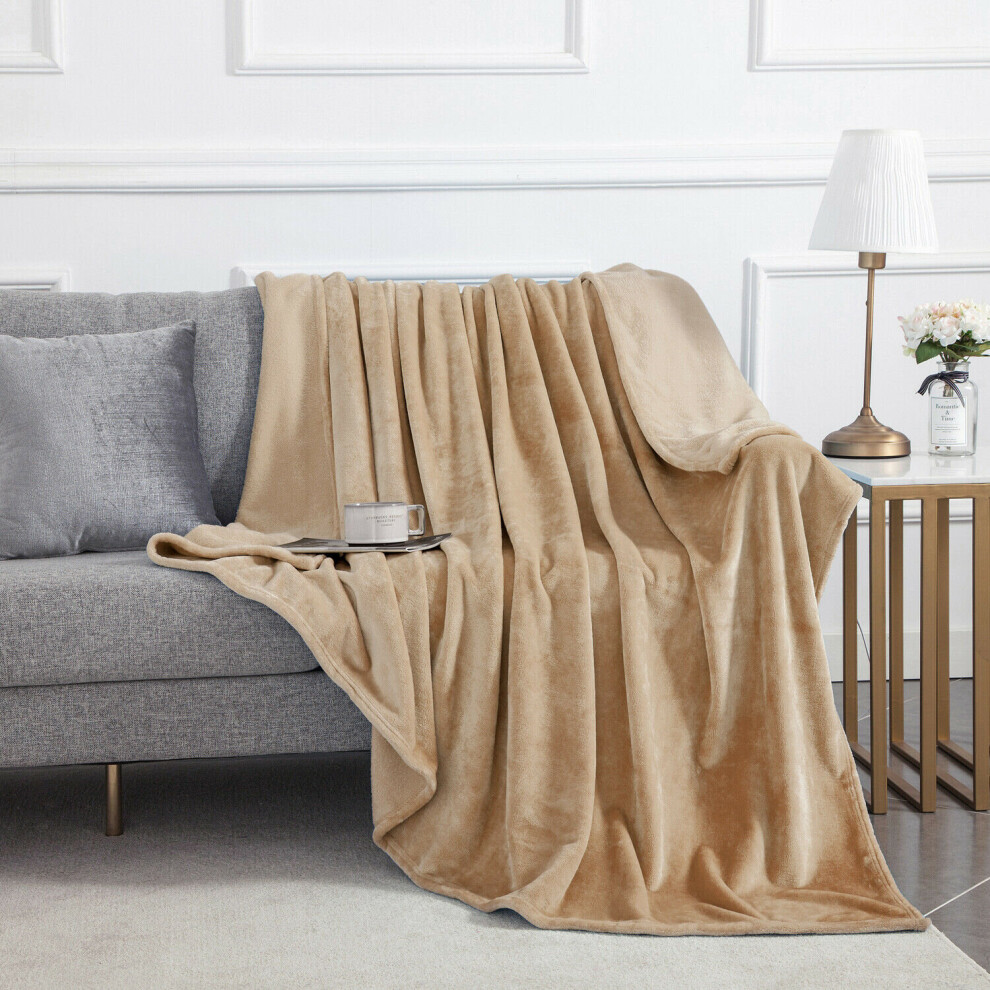 (BEIGE, KING) THICK FLEECE BLANKET THROW LARGE SOFA BED SOFT