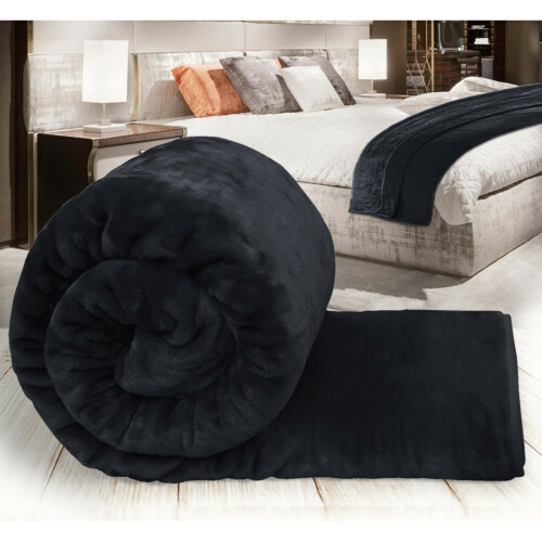(BLACK, DOUBLE) THICK FLEECE BLANKET THROW LARGE SOFA BED SOFT