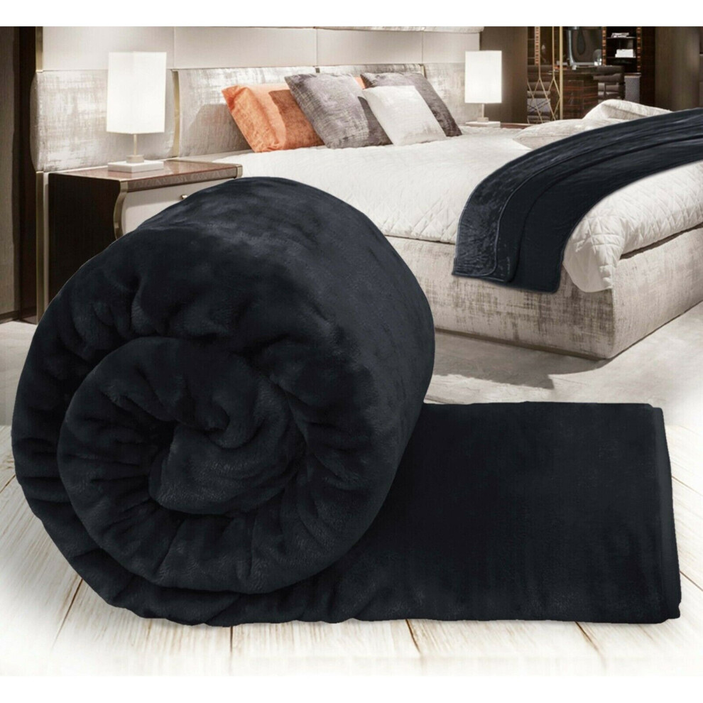 (BLACK, KING) THICK FLEECE BLANKET THROW LARGE SOFA BED SOFT