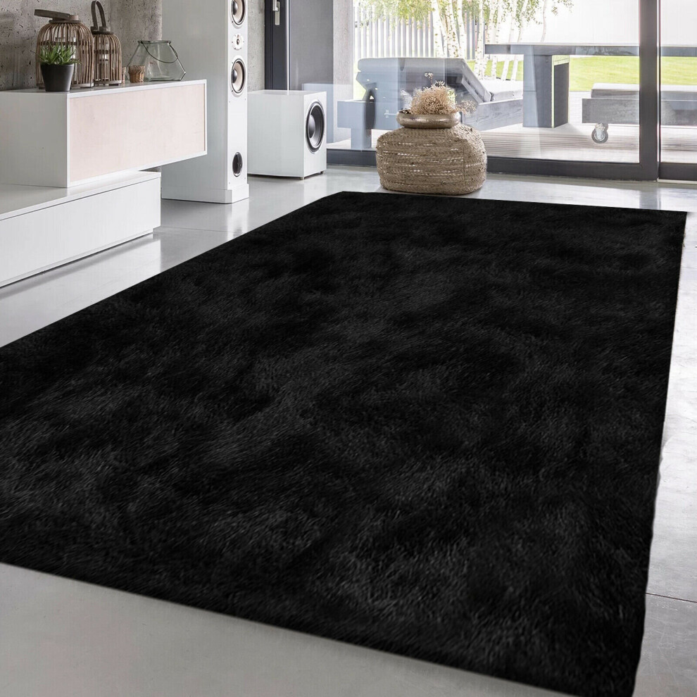 (BLACK, 160 X 230 CM) EXTRA LARGE SOFT SHIMMER SPARKLE THICK SHAGGY RUGS