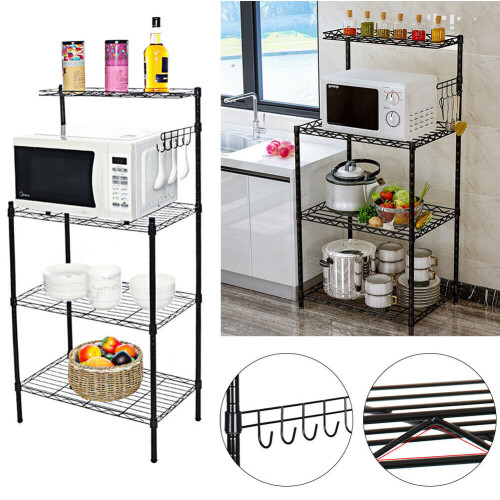 Living And Home 4 Tier Kitchen Storage Rack Shelf Organiser with Hooks 1