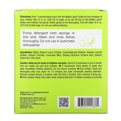 Madre Labs, Dish Soap, 3x Concentrate, Unscented, 6 Pouches 1
