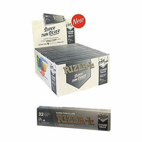 (1 Booklet) RIZLA SILVER COMBI Connoisseur King Size Slim Smoking Rolling Paper & Roach Tips