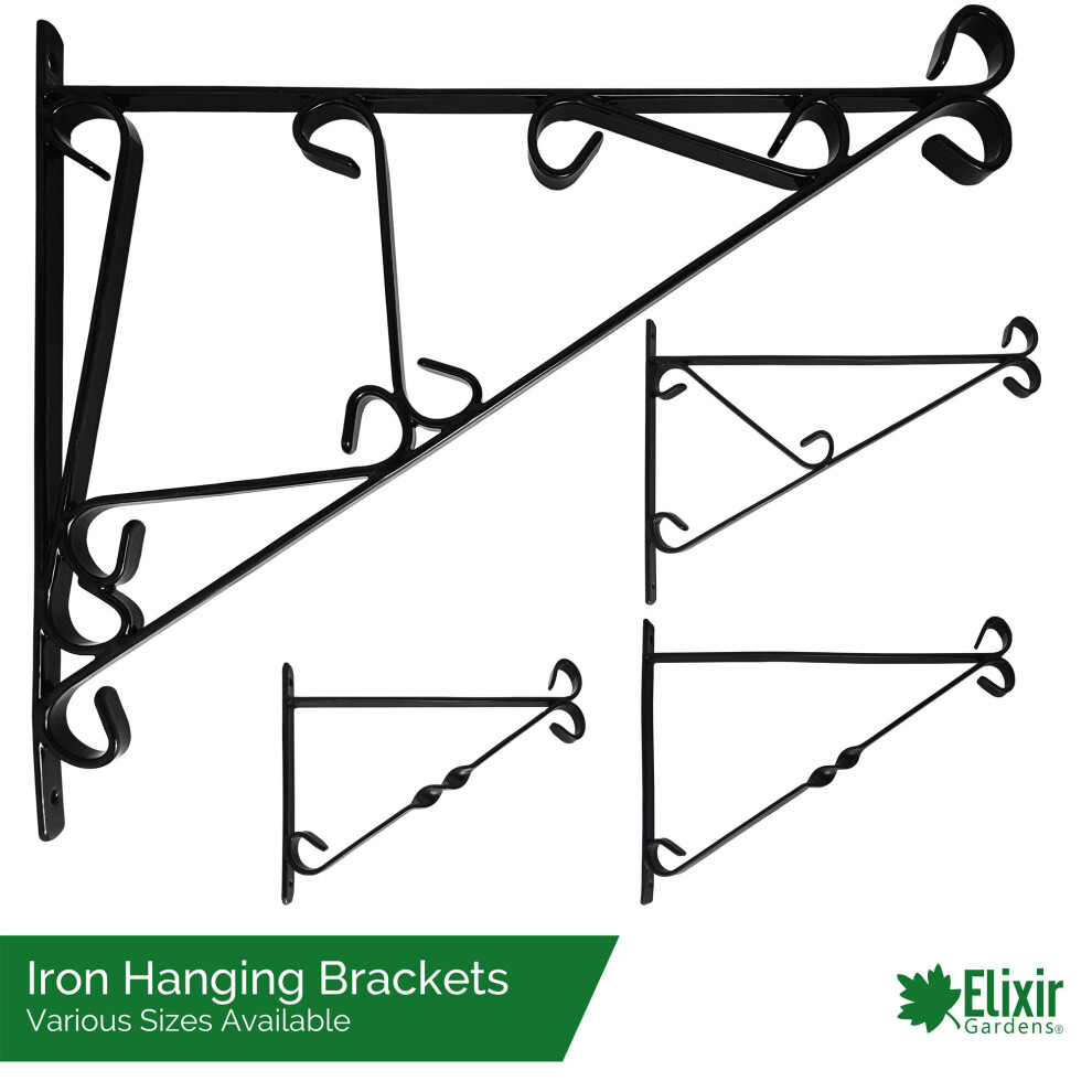 (Large - 16", 8) Elixir Gardens Heavy Duty Wrought Iron Wall Bracket for Hanging Basket S, M, L, XL - Black
