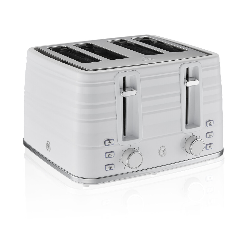 (White) Swan Symphony 4 Slice Toaster 930W Reheat Defrost Cancel Functions with Slide Out Crumb Tray