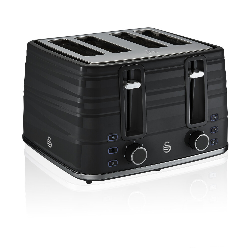 (Black) Swan Symphony 4 Slice Toaster 930W Reheat Defrost Cancel Functions with Slide Out Crumb Tray