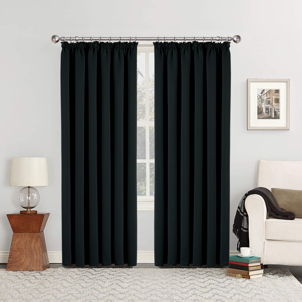 (Black, 66" x 72") Thermal Plain Curtain Pair Blackout Curtains Pencil Pleat Ready Made Pair of Curtain Panel with tie backs