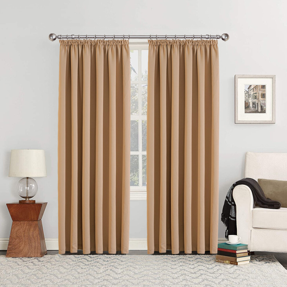 (Beige, 90" x 90") Thermal Plain Curtain Pair Blackout Curtains Pencil Pleat Ready Made Pair of Curtain Panel with tie backs