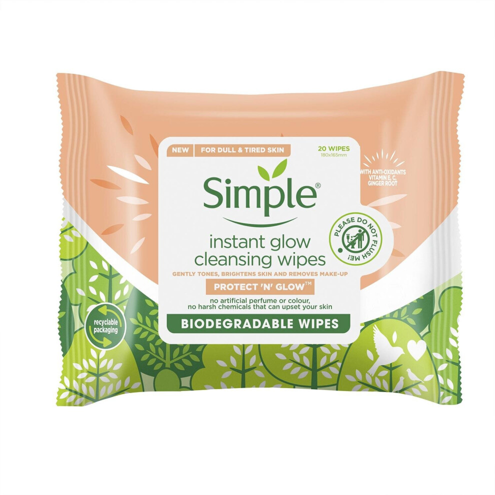 6X of Simple Protect'N'Glow Instant Cleansing Wipes for Dull&TiredSkin