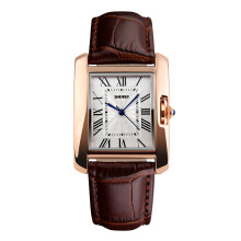 (Brown) Skmei Women's Watch Square Rose Gold Roman Numerals Genuine Leather Strap SK1085