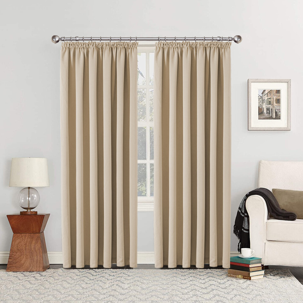 (Cream, 90" x 90") Thermal Plain Curtain Pair Blackout Curtains Pencil Pleat Ready Made Pair of Curtain Panel with tie backs