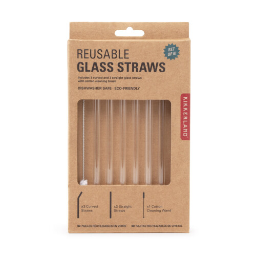 Kikkerland Reusable Borosilicate Glass Drinking Straws, Set of 6 (3 Straight, 3 Curved) with Cleaning Brush