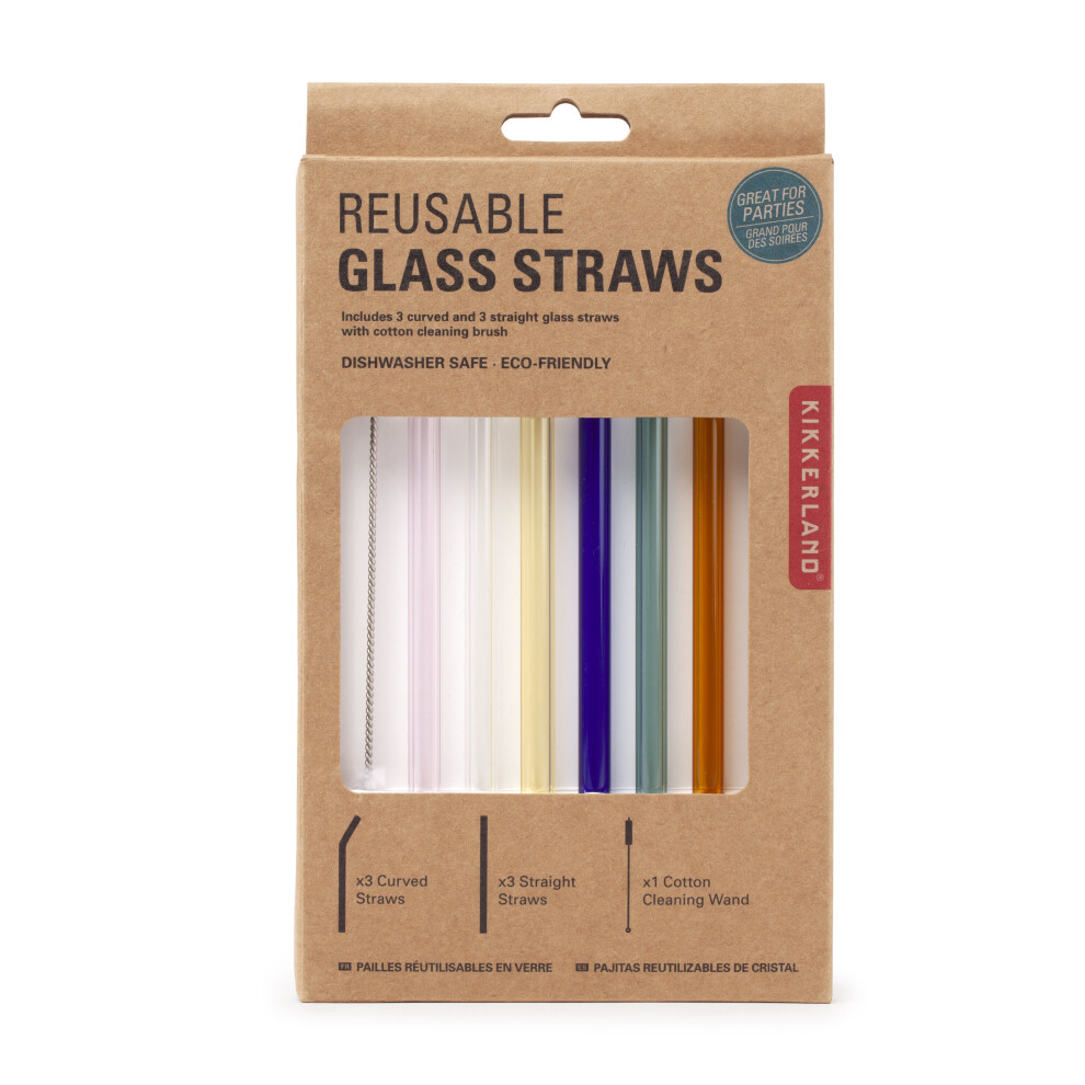 Kikkerland Reusable Glass Drinking Straws With Cleaning Brush x 6