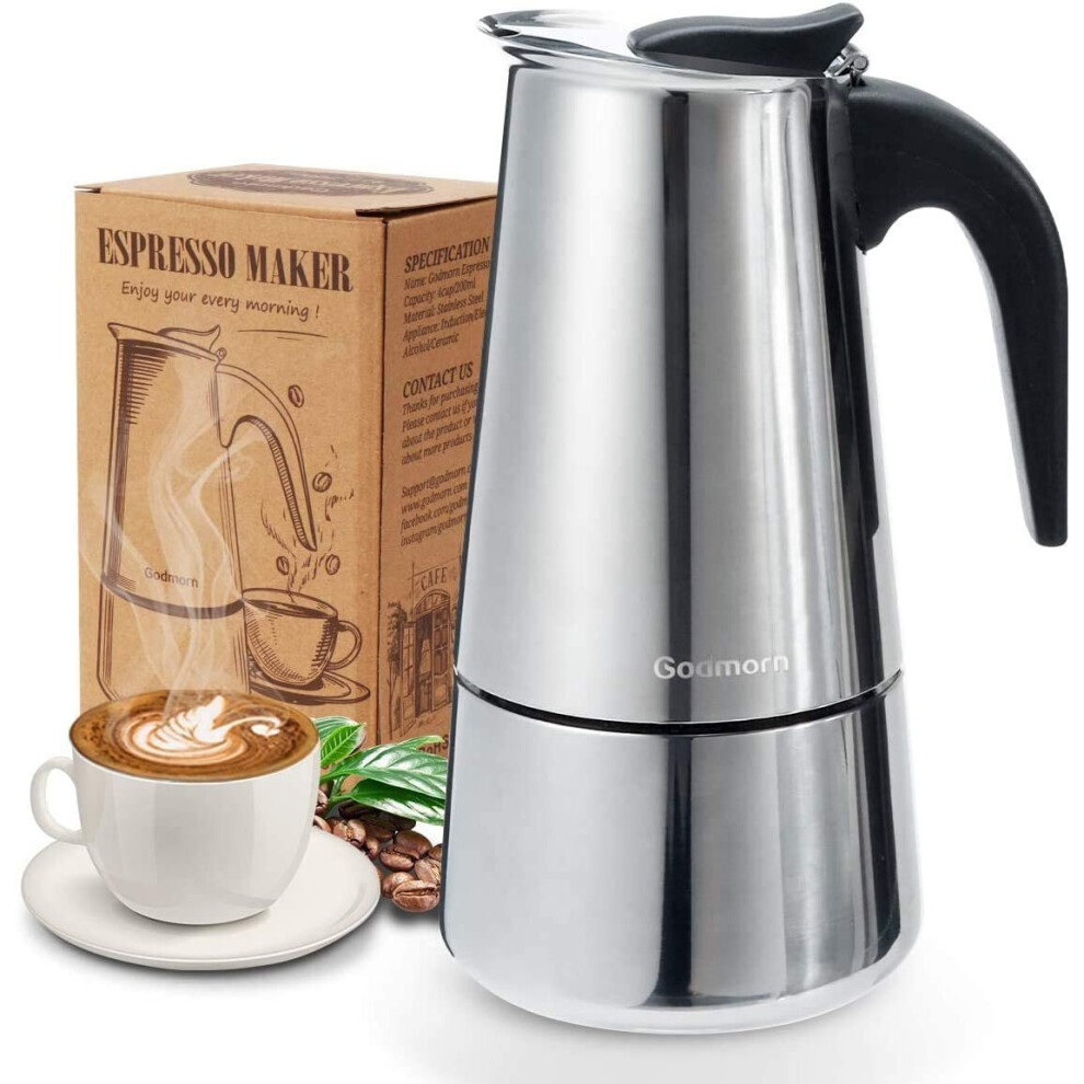 Godmorn Stovetop Espresso Maker, Italian Coffee Maker Moka Pot, 300ml/6 Cup (Espresso Cup=50ml), 430 Stainless Steel, Suitable for Induction Hob