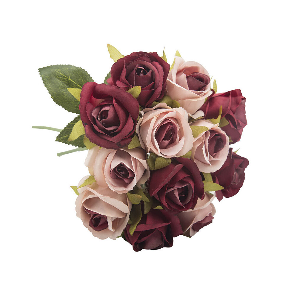 (Pink&Red) 12-Head Artificial Rose Bouquet Home Decoration