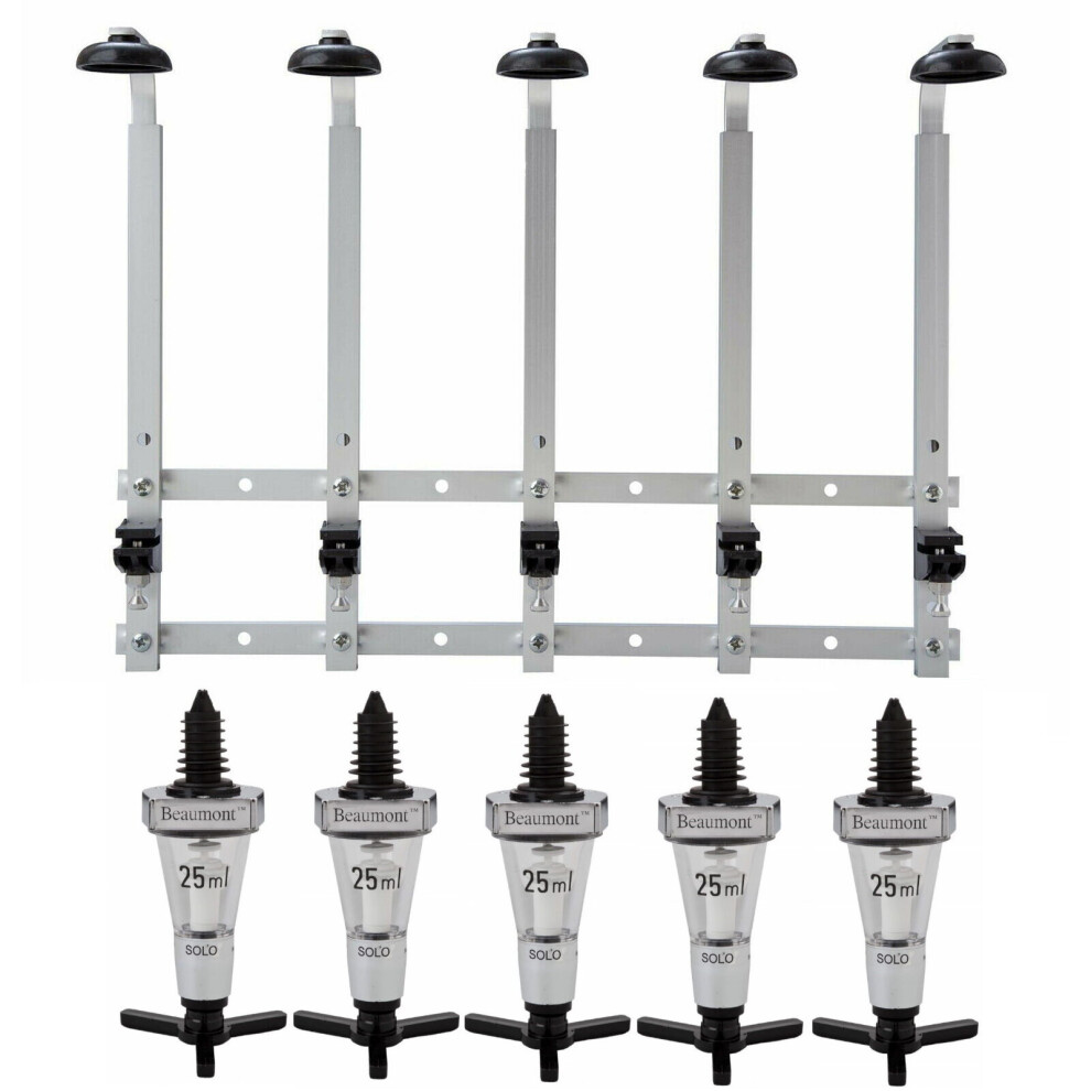 Beaumont 5x 25ml Chrome Solo Bar Optic Spirit Measure & 70cl/1L Wall Brackets