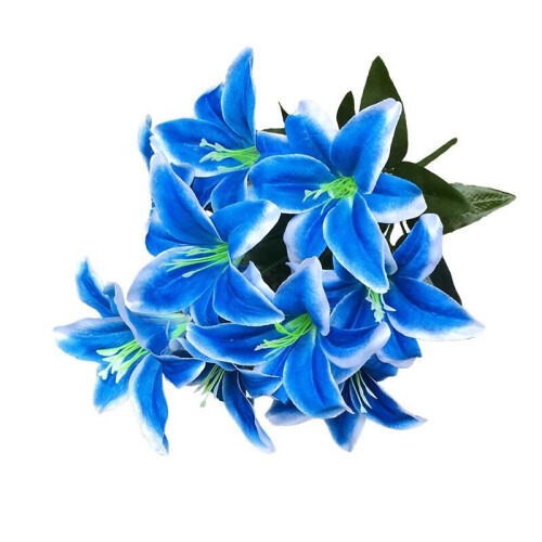 (Blue White) 45cm 10Heads Artificial Lily Silk Bouquet Decor